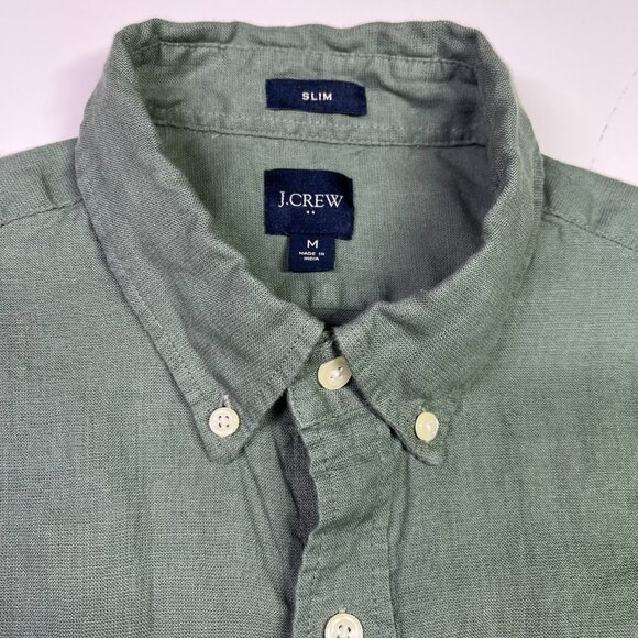 J. Crew Factory Size M Slim Fit Short-Sleeve Linen-Blend Shirt Green AL188 - Picture 5 of 7